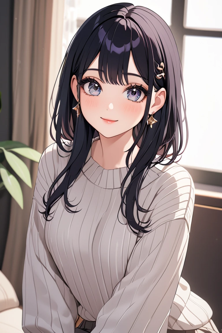 Very detailed illustrations, bright colors, Masterpiece, Sharp focus, best quality, depth of field, movie light, very detailed, collarbone, t-shirt, long sleeve, milf, 1 woman, alone, Diaphragm, abdomen, ปุ่มabdomen, Long navel, kitchen, ceiling, close up, looking down, Medium bust, curly hair, long hair, skirt, pearl necklace, put on makeup, black hair, blushing, annoying, low angle