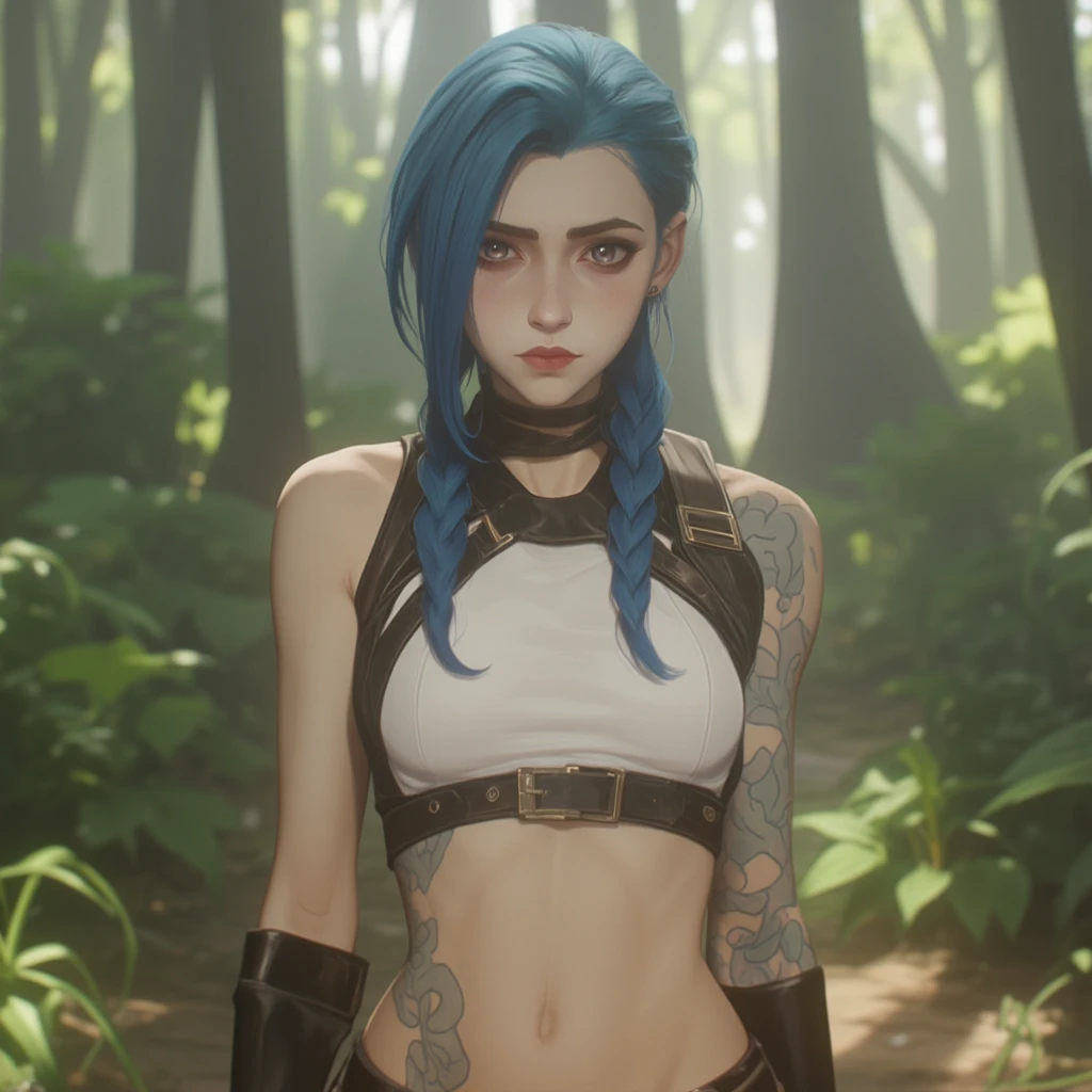 ARCJINXANE_V3,(BLUE EYES, BLUE HAIR, PALE SKIN, LONG TWIN BRAIDS,SIDE BANG, SKINNY, MUSCULAR, BLUE CLOUD TATTOO:1.4),(solo:1.4), (matte skin, skin pores), 21 years old, (realistic:1.3), finely detailed, quality, (masterpiece:1.2), (photorealistic:1.2), (best quality), (detailed skin:1.3), (intricate details), Photorealistic，Ultra high definition，Highest quality，Best Quality，8k，RAW Photos，Super detailed，Ultra-high resolution，(Amazingly cute Japanese real girl)，whole body，1 person，Facing forward，Early morning in the forest，Bright sunlight pours in，Backlight，White simple micro mini dress，See-throughフレアマイクロミニドレス，The transparency of a thin dress，See-through，Perfect Style，Perfect proportions，Perfect body，The cutest face in the world，(Small face)，Long eyelashes，double eyelid，High nose，Detailed eyes，Very Short Hair，Bowl Cut Hair，Earrings，(((Extra large chest:2.0)))，Cleavage，Small waist，Long legs，Beautiful legs，Realistic skin，Watching the audience，(Upward-facing buttocks)，View here，Functional，arms up