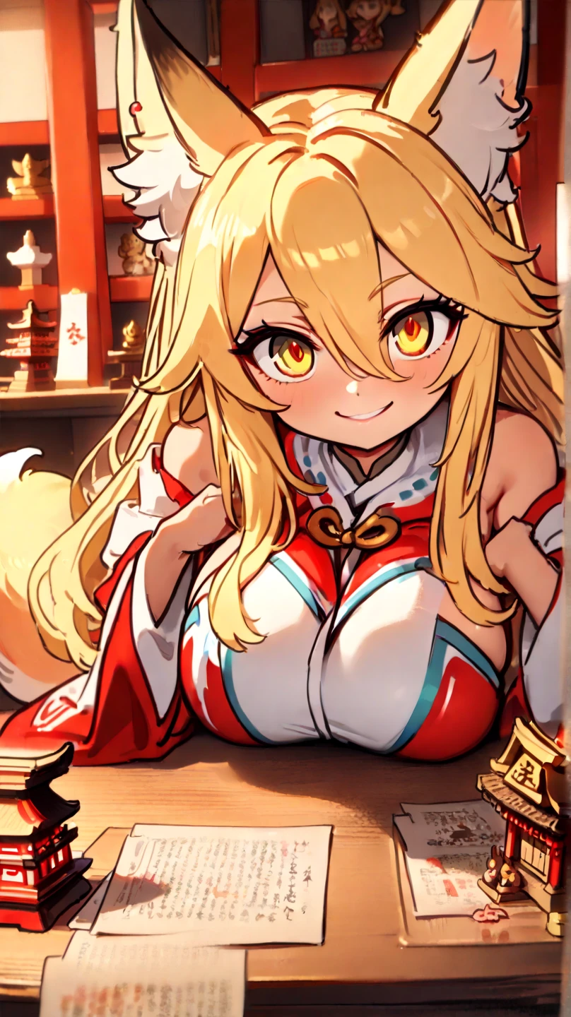 highest quality、Big Breasts、Cleavage、Fox ears、Long blonde、Red Eye、kimono、smile