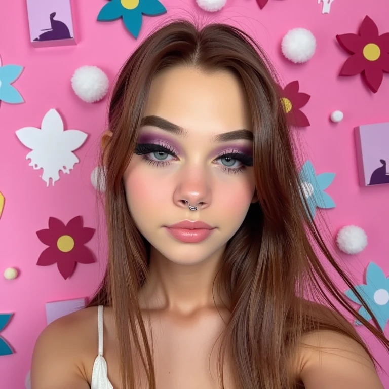 arafed woman with a purple top and a tattoo on her arm, putting makeup on, violet myers, detailed flawless face, pokimane, cream dripping on face, her face looks like an orchid, clear makeup, with professional makeup, her skin is light brown, kailee mandel, thick fancy makeup blackpink Lisa blackpink Jennie
