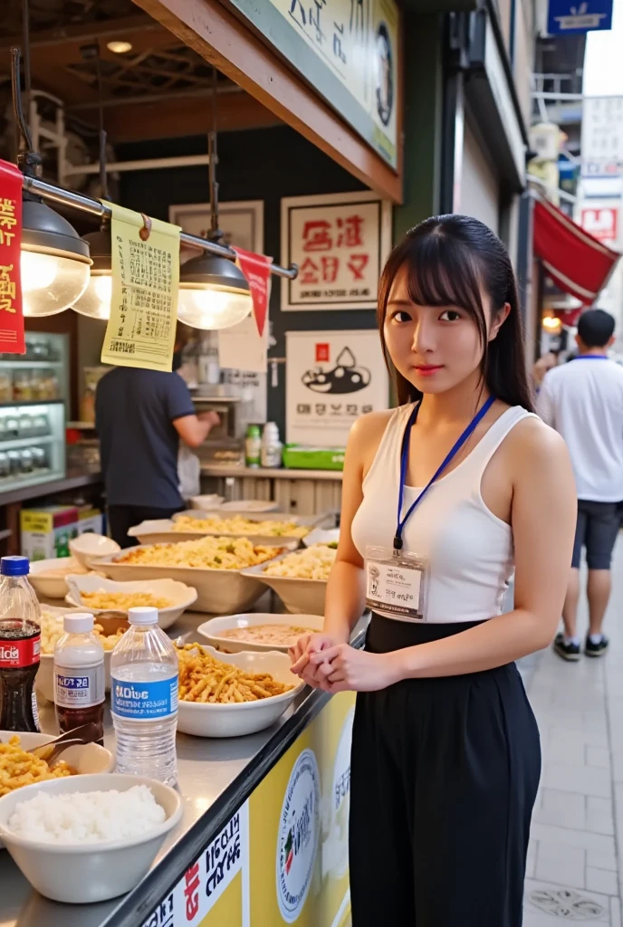 Highest quality, Masterpiece, ultra high definition, (realistic: 1.4), raw image, 1 woman,( small Street Food Stall traditional type, old food market, she sell ramen, coke, ice water )