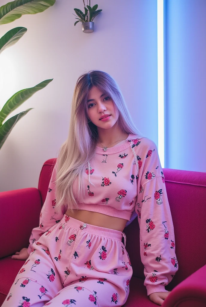 a young woman sitting on a sofa living room. She is pink dressed in a oversize dress adorned with a pattern of micky mouse. Her hair is very long straight ash blonde adding a touch of movement to her face. The woman's dress is adorned in a batic patern. the walls are decorated with white, pink, and blue neon lights. there are hanging flowers. 