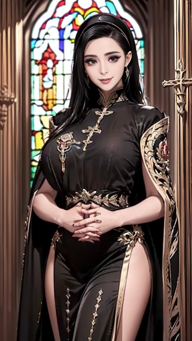 The best images, 8K, Raw photo, Realistic, Beautiful woman, Full makeup, Wearing a luxurious kimono with gold embroidery, great proportion, Beautiful shiny brown hair, Forehead, Detailed, Delicate, Flashy and dynamic depiction, Ruined church with stained glass in the background, scattered dust, Professional Lighting