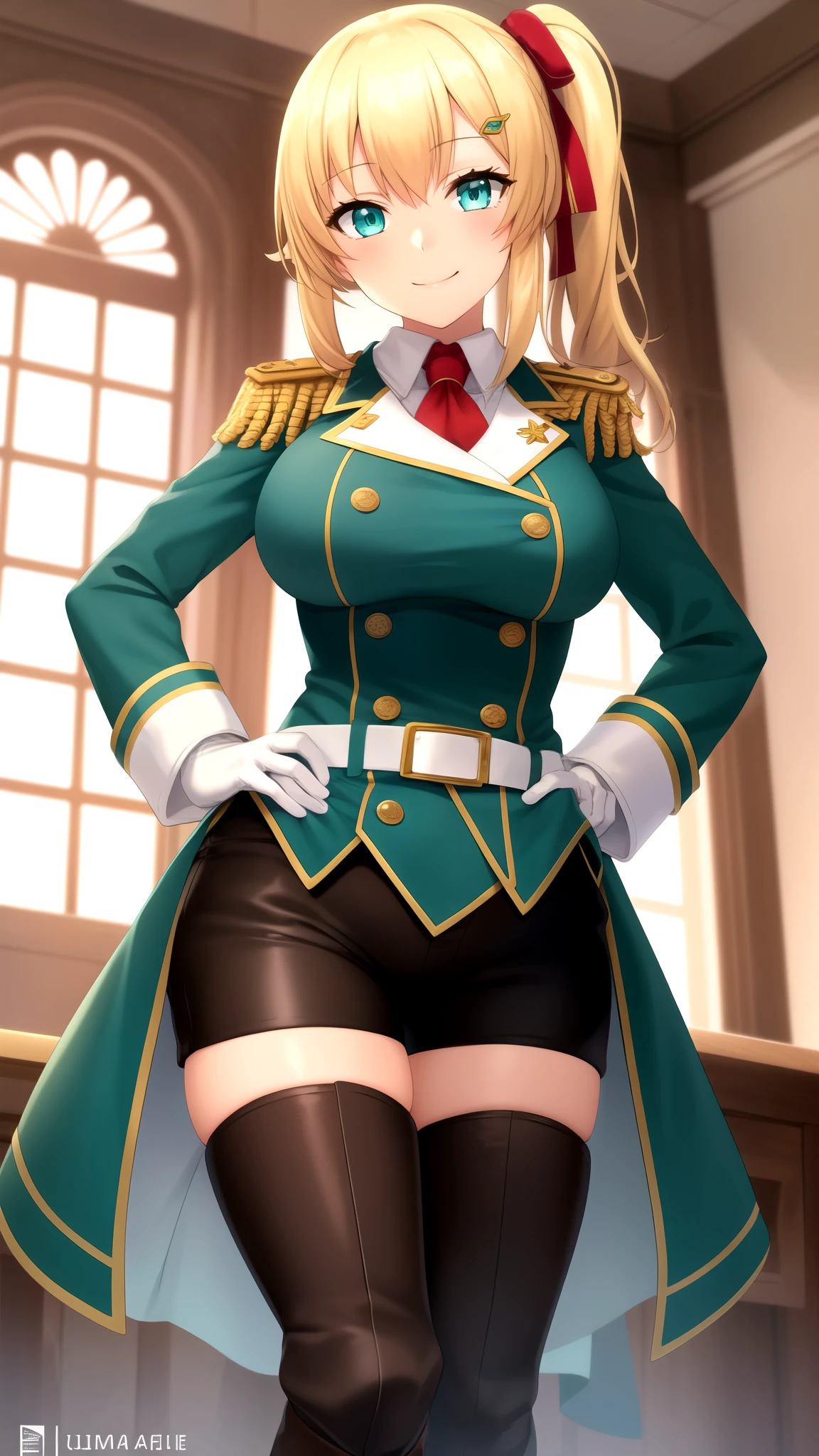 masterpiece, best quality, 1girl, solo, looking at viewer, emma_brightness, blonde hair, aqua eyes, ribbon, side ponytail, large breasts, military uniform, coat, black shorts, epaulettes, brown belt, thigh boots, white gloves, smile, hands on hips, indoors,