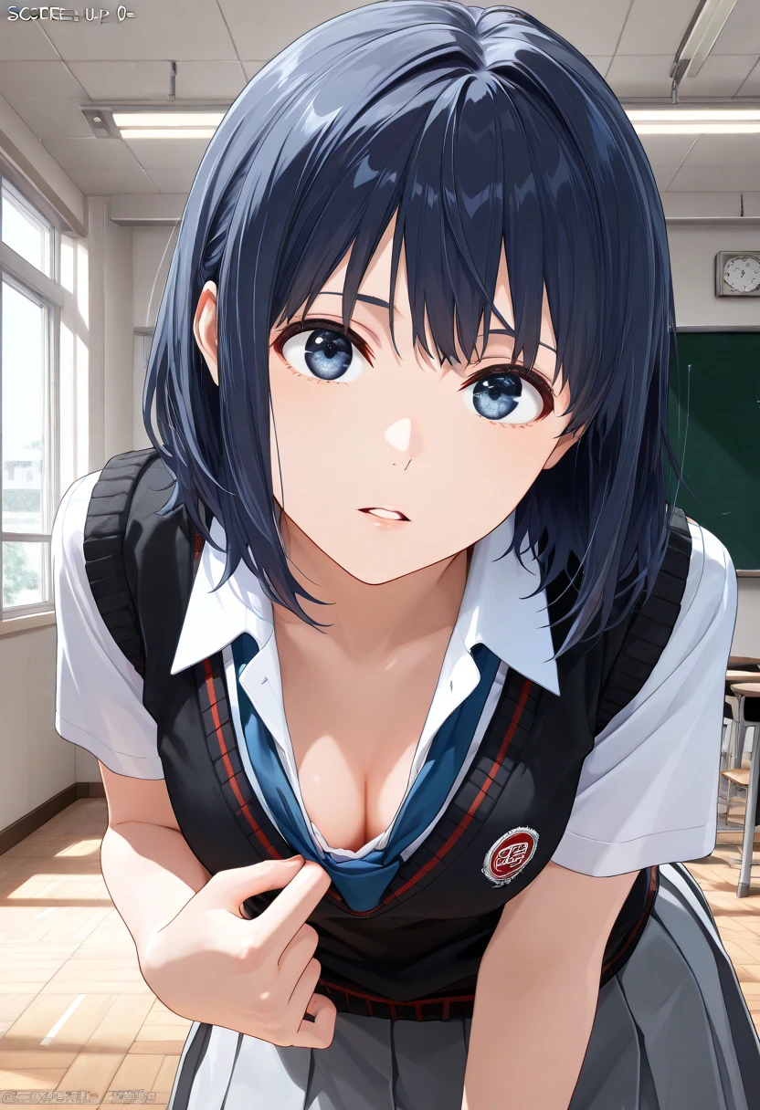 (ultra realistic photo, raw photo, portrait, Realism, 3D rendering, from movie stills, blender render, art academia, main artwork, soft lines,  steampunk)、break 1girl, Alone, Akane Kurokawa, Dark blue hair, Dark blue eyes,  school uniform, black sweater vest,  white shirt,  collared shirt , Blue tie, sailor vest, medium breasts,  gray skirt,  pleated skirt at the top of the screen,break 屋内, classroom,break (from front, looking at viewer, cleavage focus,(close-up)),break (cleavage:1.4),(leaning forward, leaning head),break (Finger pulling  clothes to show off cleavage),break (parted lips)