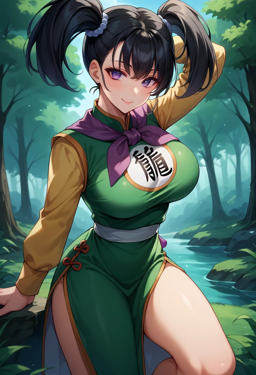 score_9, score_8_ up, score_7_ up, score_6_ up,  1 woman 、Alone、DQ3FIGHTER,  black hair,  twin tails,  purple eyes、 neckerchief , Chinese clothes,  green dress, Yellow sleeves,   long sleeve 、 bare legs、Big Breasts:1.3、looking at you、 blue sky, forest, light smile