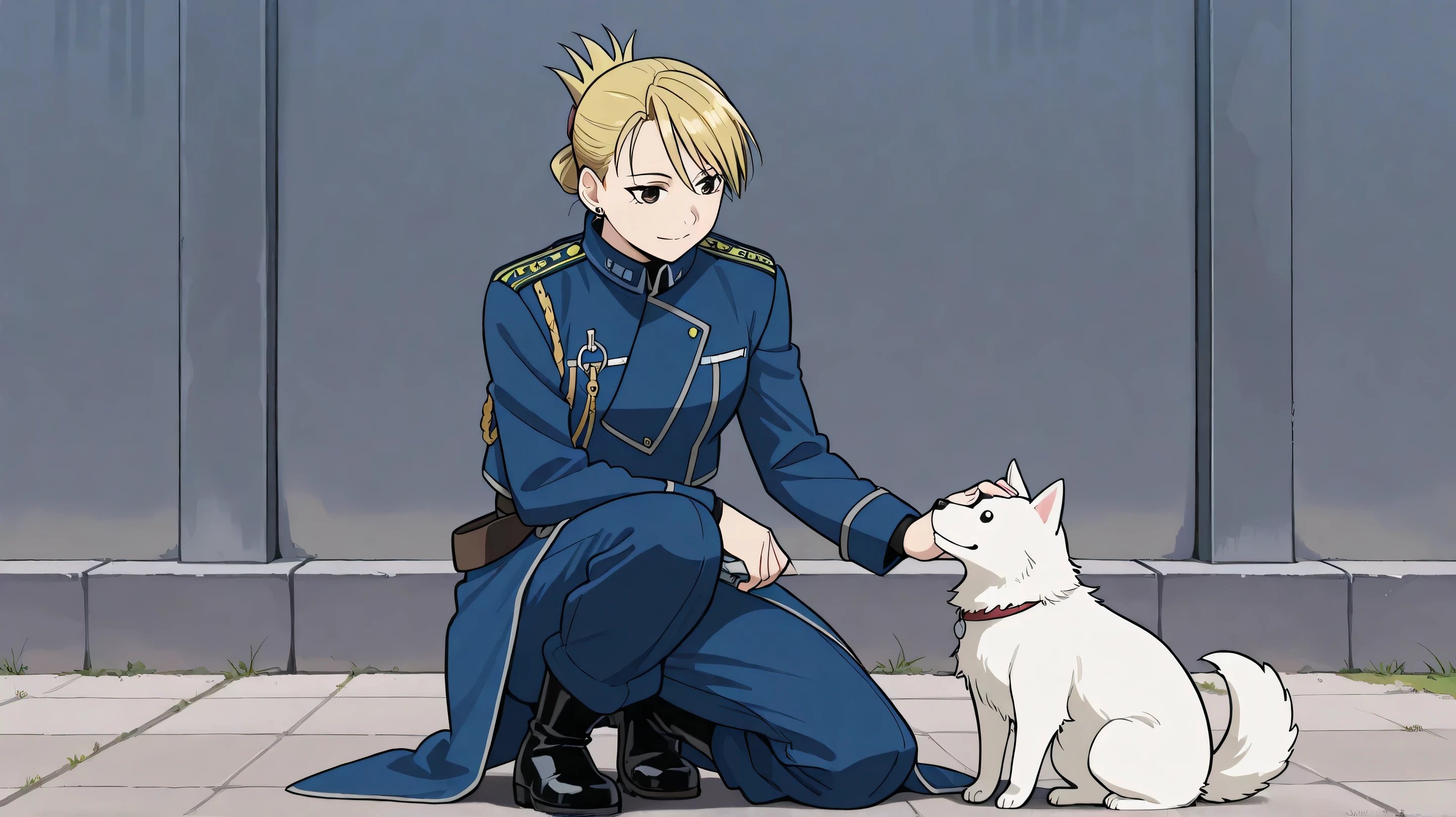 masterpiece, best quality,
riza, 1girl, solo, brown eyes, blonde hair, folded ponytail, jewelry, earrings, uniform, military, military uniform, shirt, black shirt, jacket, blue jacket, long sleeves, aiguillette, pants, blue pants, boots, black footwear, on one knee, black and white dog, petting dog, smile,
outdoor,