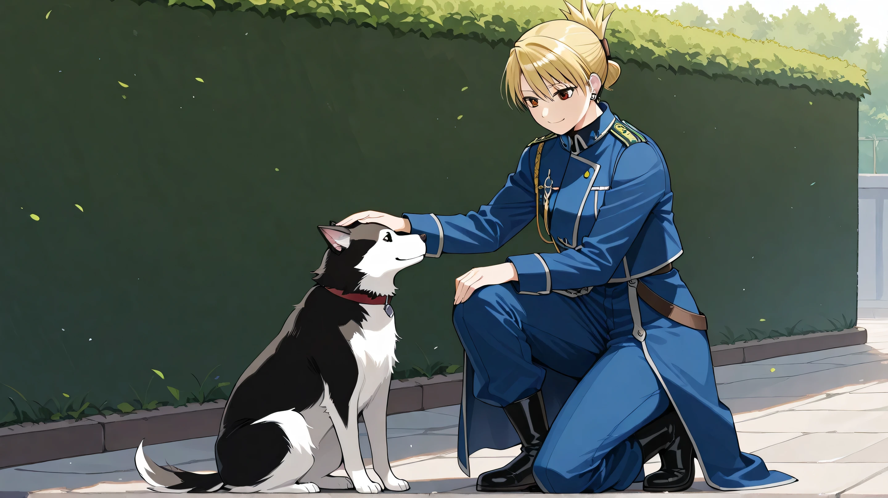 masterpiece, best quality,
riza, 1girl, solo, brown eyes, blonde hair, folded ponytail, jewelry, earrings, uniform, military, military uniform, shirt, black shirt, jacket, blue jacket, long sleeves, aiguillette, pants, blue pants, boots, black footwear, on one knee, black and white dog, petting dog, smile,
outdoor,