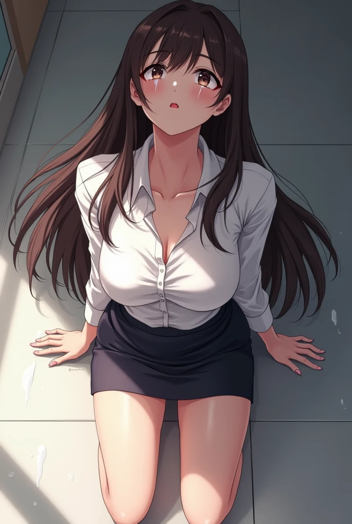Long Black Hair,H Cup,Sober atmosphere,One eye is hidden by hair,Dress him in a large, loose T-shirt that reaches just above the knees.