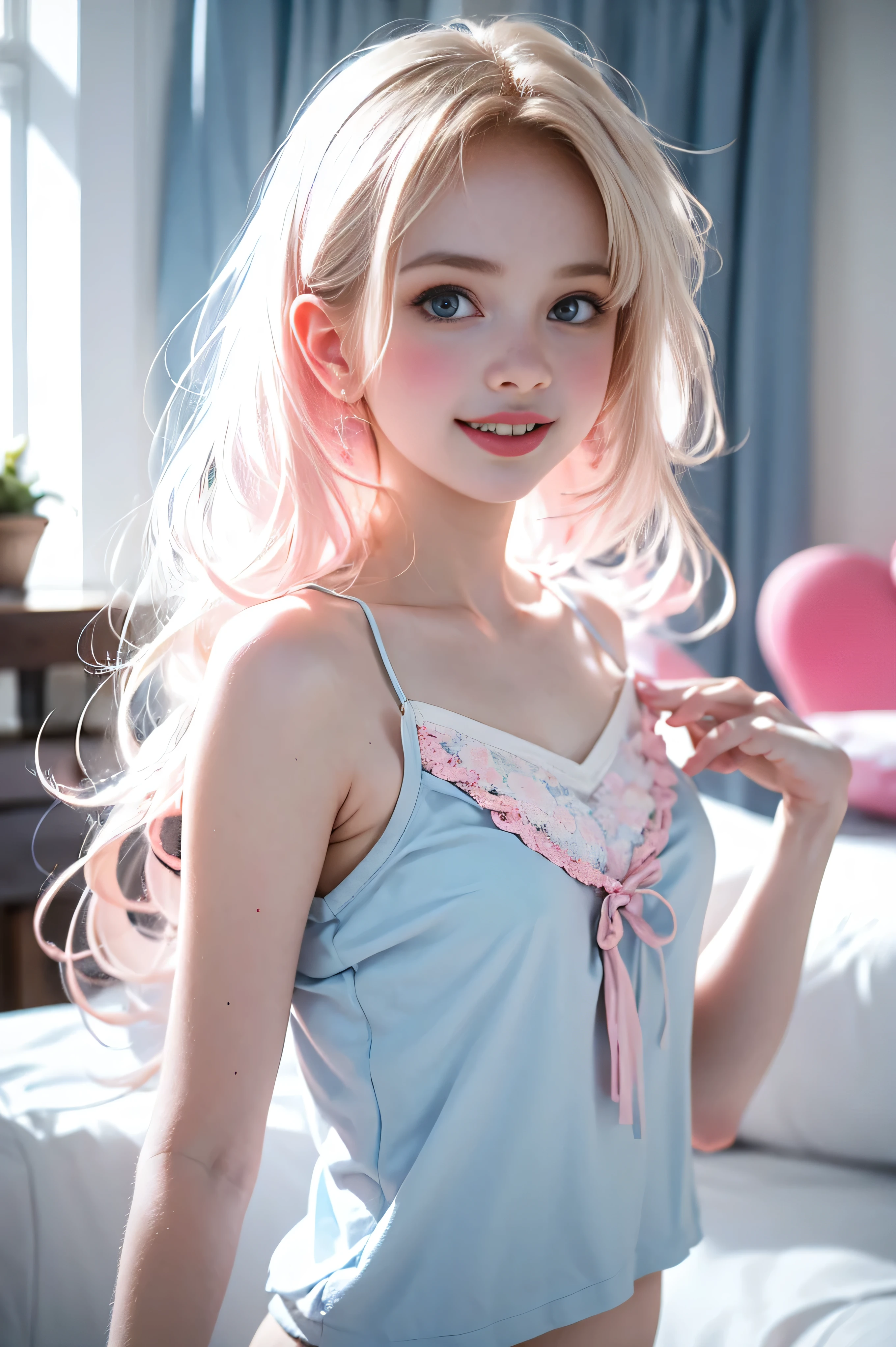 Light blue and pink color scheme,Sexy Girl ,tiny body,Petite,white curly hair, Colorful colored camisole