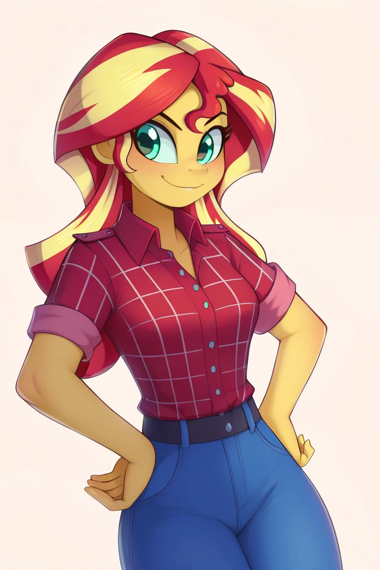 score_9, score_8_up, score_7_up BREAKSambaNekoStyle, sunset shimmer,pestil, painterly hair, sharp contrasts, ,Sunset shimmerEQG, red hair , green eyes, yellow skin, red flannel collared shirt, short sleeves, blue jeans, half body, sexy smile, hands on hips,  1girl, solo, red sneakers 