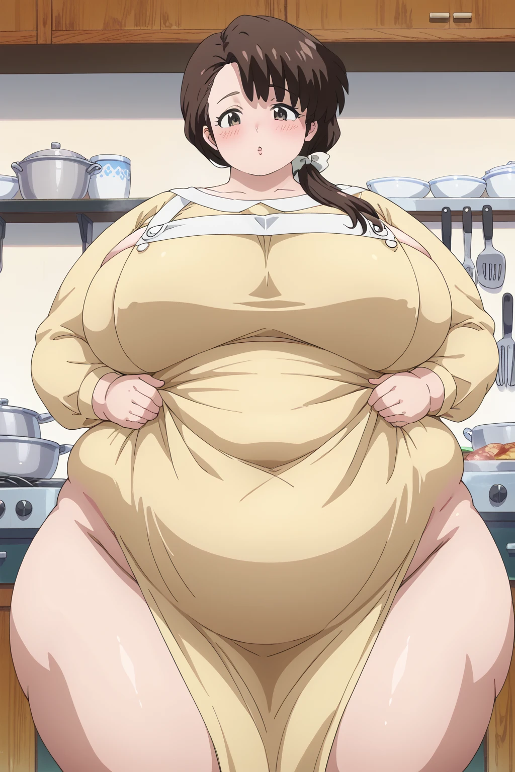 Kasumi Tendo, long hair, brown hair , low ponytail, White scrunchie,  brown eyes, yellow dress, Long Sleeve ,White bib apron, huge breasts, troubled expression,blush,milf, chubby, thick thighs,kitchen,Obese middle-aged woman,Severe obesity, Fat face,ssbbw,weight 250kg, score_9,  score_8_ up、 score_7_ up、 score_6_ up、 score_5_ up、 score_4_ up、 Masterpiece、 top quality, A beautiful woman with an obese figure,  absurd、 source_Anime, Anime screencap,  one woman、Alone、 personal  、Super huge breasts,  super huge clevis、Super huge, Super huge boob,Curvy、 Wide Hips 、