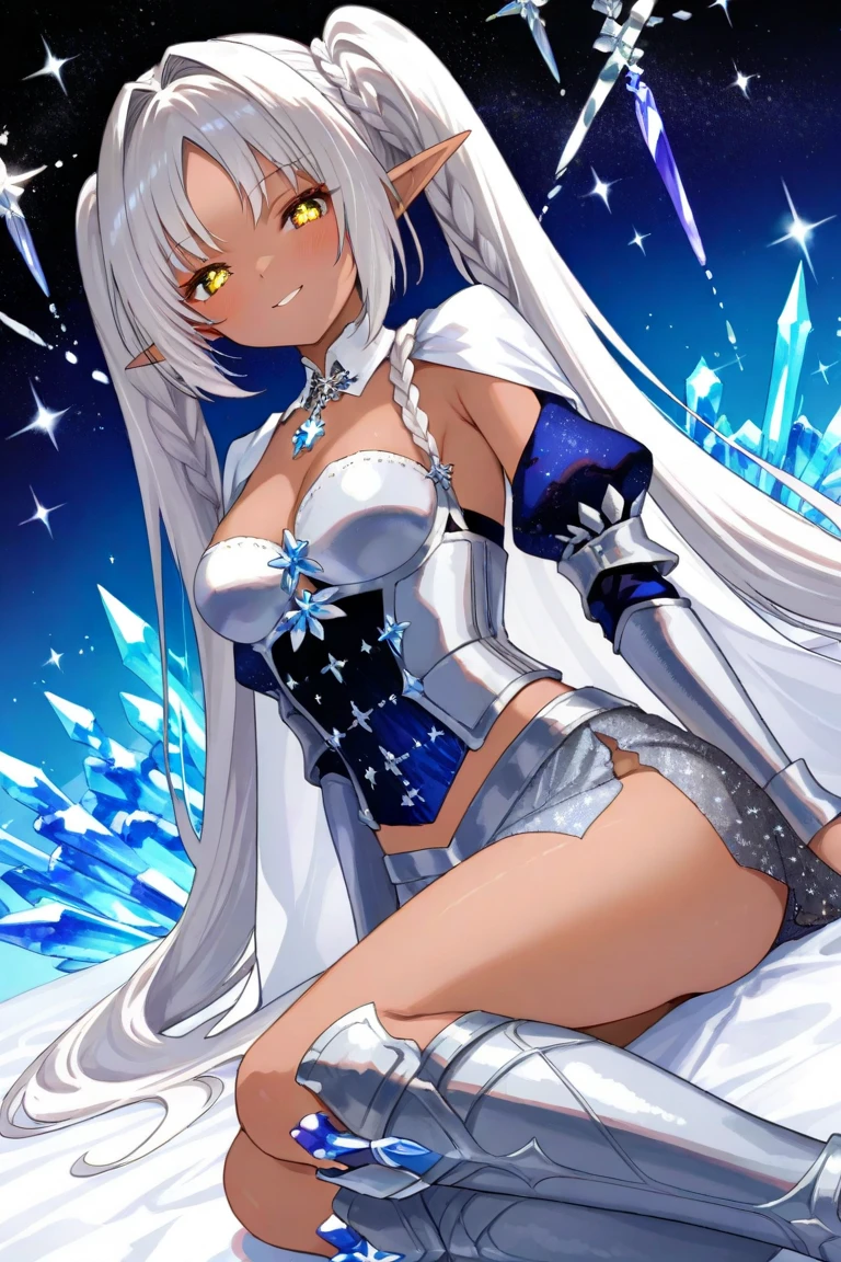 1girl,dark elf,medium breasts,yellow eyes,naughty smile,BREAK,white hair,Short jagged bangs,hair intakes,braids high twintails,BREAK,(White and silver armor-style bodice with sparkling crystal inlays:1.3)
(Flowing silver skirt with subtle starry patterns and a high slit:1.2),
(Sheer white cape with a shimmering gradient resembling moonlight),
Silver knee-high boots with intricate engravings,
BREAK,star pettern background,(white background:0.9),dutch angle