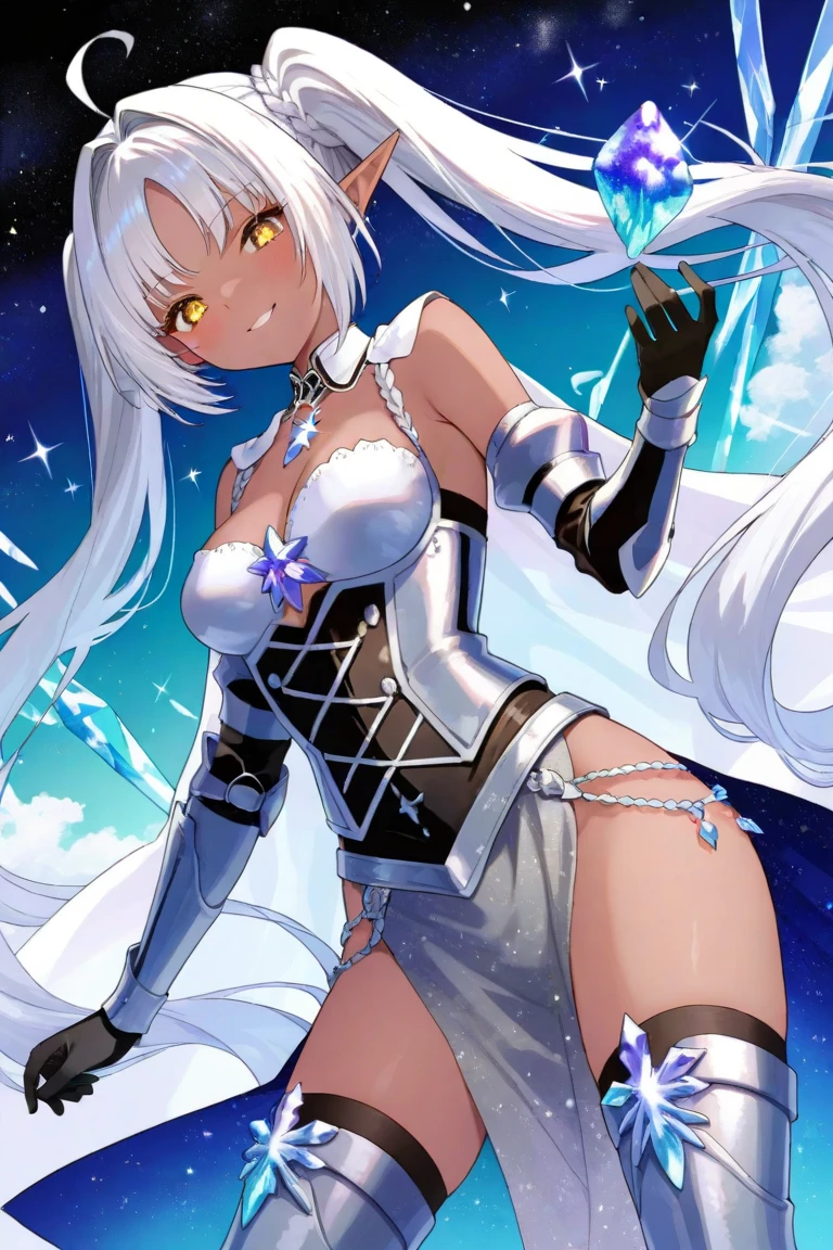 1girl,dark elf,medium breasts,yellow eyes,naughty smile,BREAK,white hair,Short jagged bangs,hair intakes,braids high twintails,BREAK,(White and silver armor-style bodice with sparkling crystal inlays:1.3)
(Flowing silver skirt with subtle starry patterns and a high slit:1.2),
(Sheer white cape with a shimmering gradient resembling moonlight),
Silver knee-high boots with intricate engravings,
BREAK,star pettern background,(white background:0.9),dutch angle