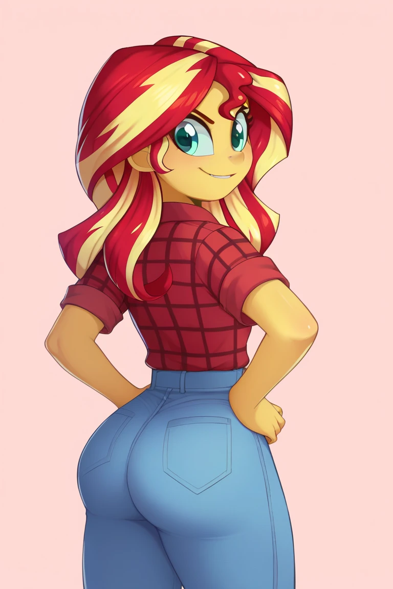 score_9, score_8_up, score_7_up BREAKSambaNekoStyle, sunset shimmer,pestil, painterly hair, sharp contrasts, ,Sunset shimmerEQG, red hair , green eyes, yellow skin, red flannel collared shirt, short sleeves, blue jeans, half body smile, hands on hips,  1girl, solo, red sneakers, bubble butt, ass, curves 