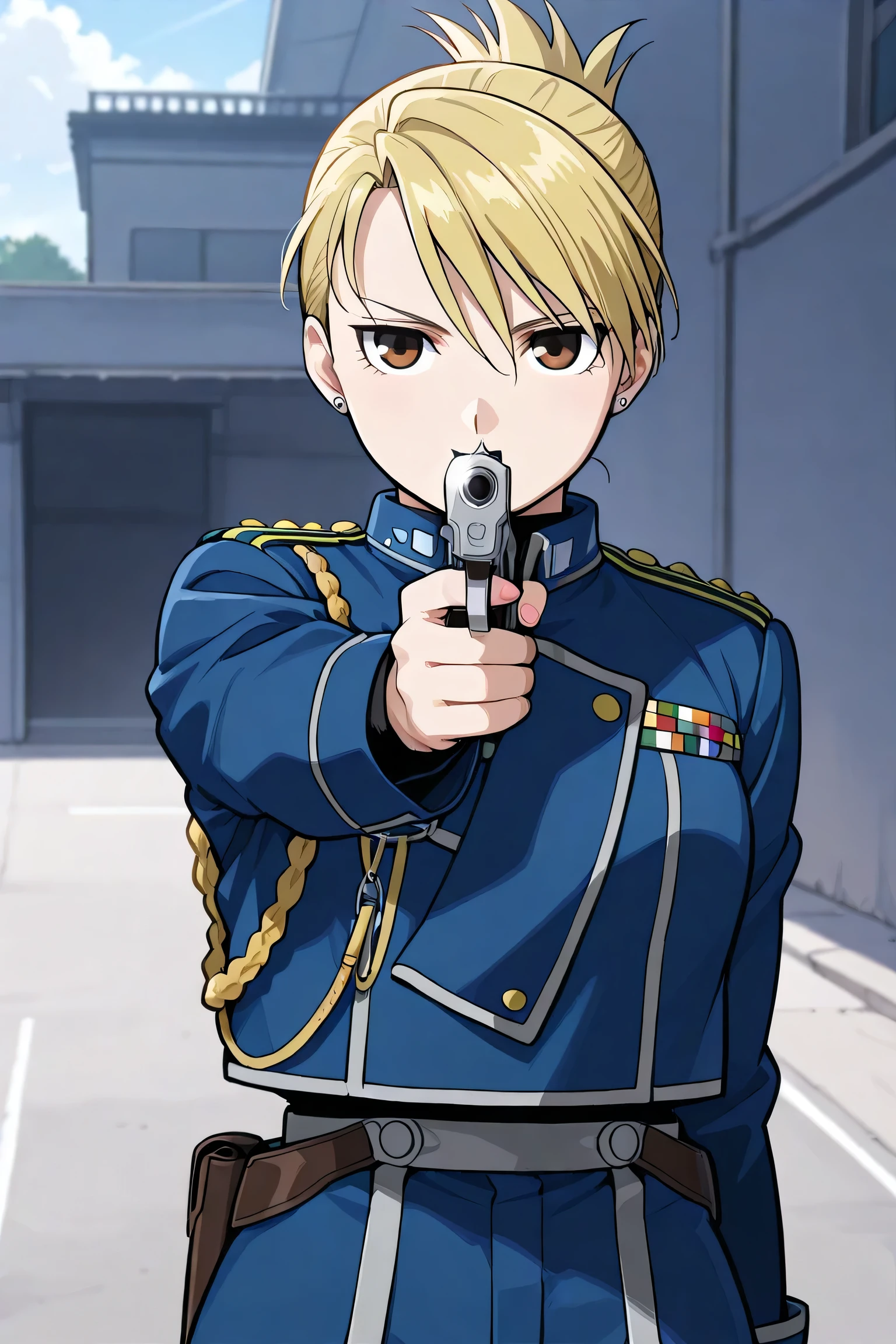 masterpiece, best quality,
riza, 1girl, brown eyes, blonde hair, folded ponytail, jewelry, earrings, uniform, military, military uniform, shirt, black shirt, jacket, blue jacket, long sleeves, aiguillette, handgun, aiming,outdoor,