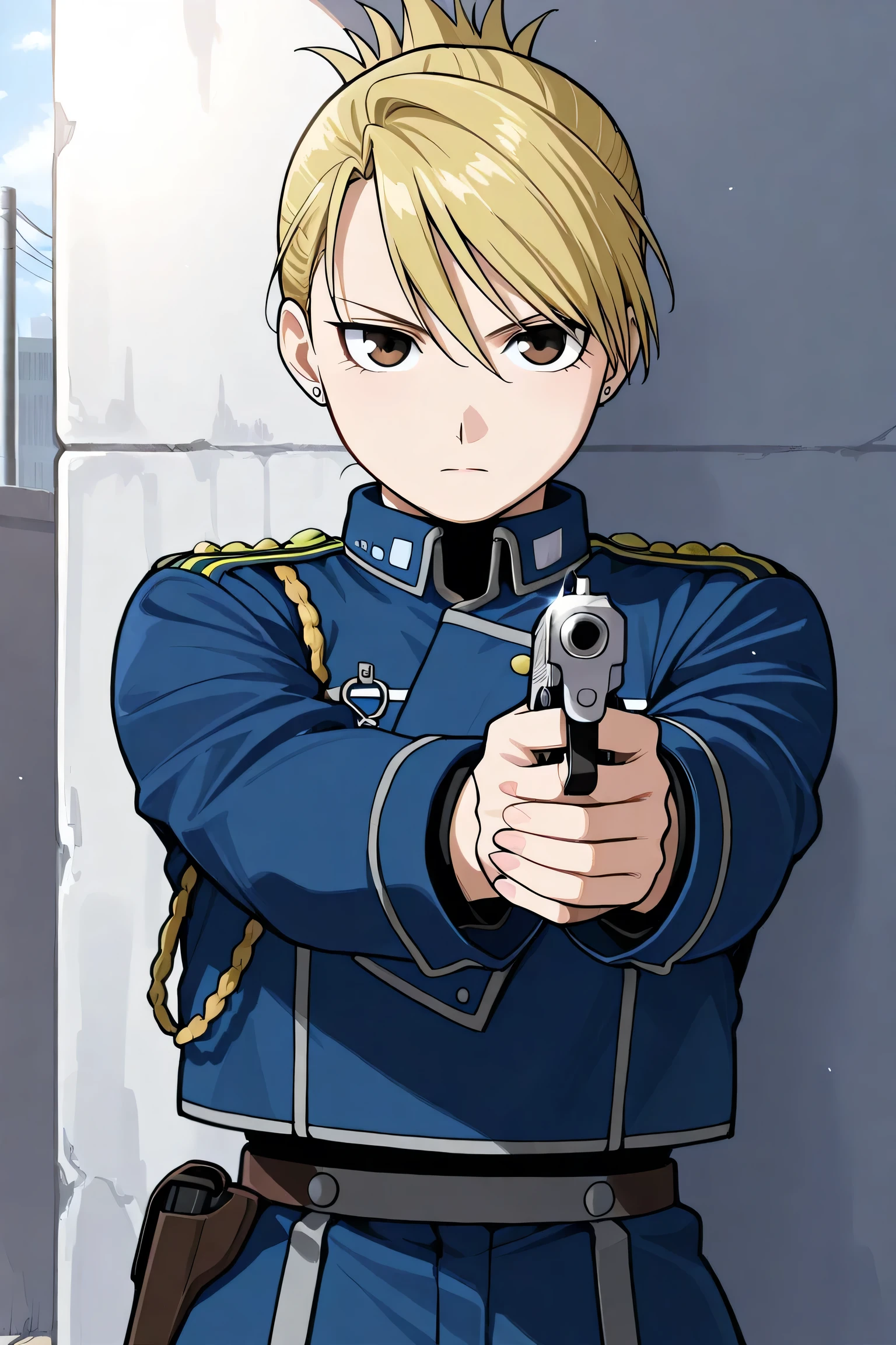 masterpiece, best quality,
riza, 1girl, brown eyes, blonde hair, folded ponytail, jewelry, earrings, uniform, military, military uniform, shirt, black shirt, jacket, blue jacket, long sleeves, aiguillette, handgun, aiming,outdoor,
