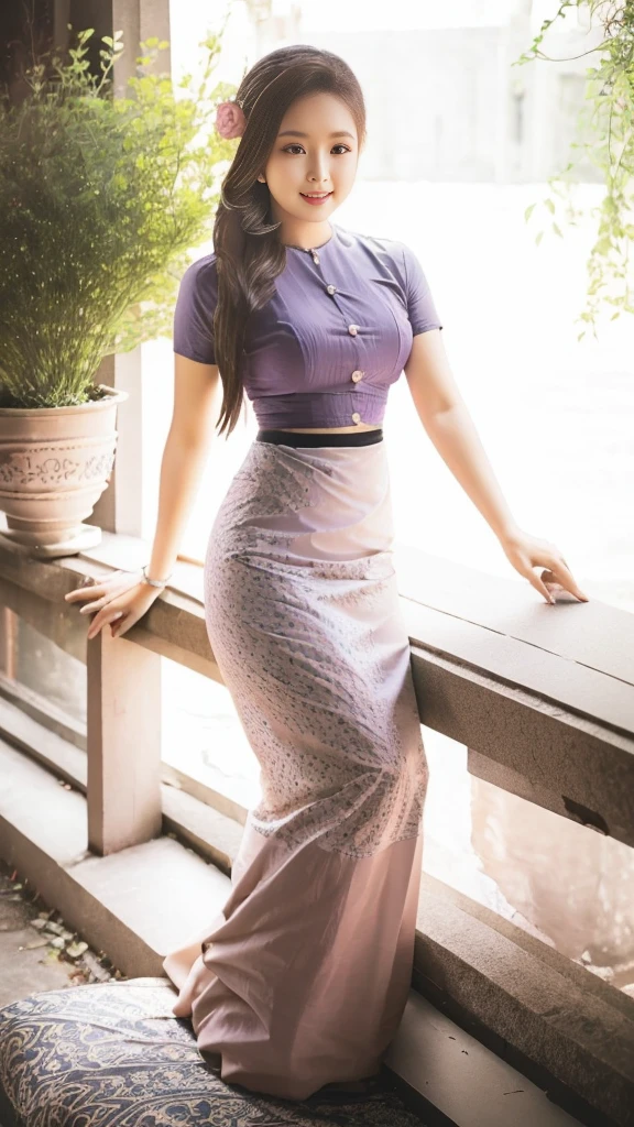 Create Myanmar girl realistic, at the university, acmm ss outfit, wearing acmm top, light purple acmm top, short sleeves, buttons, wearing acmm long skirt, white and pink with printed acmm long skirt