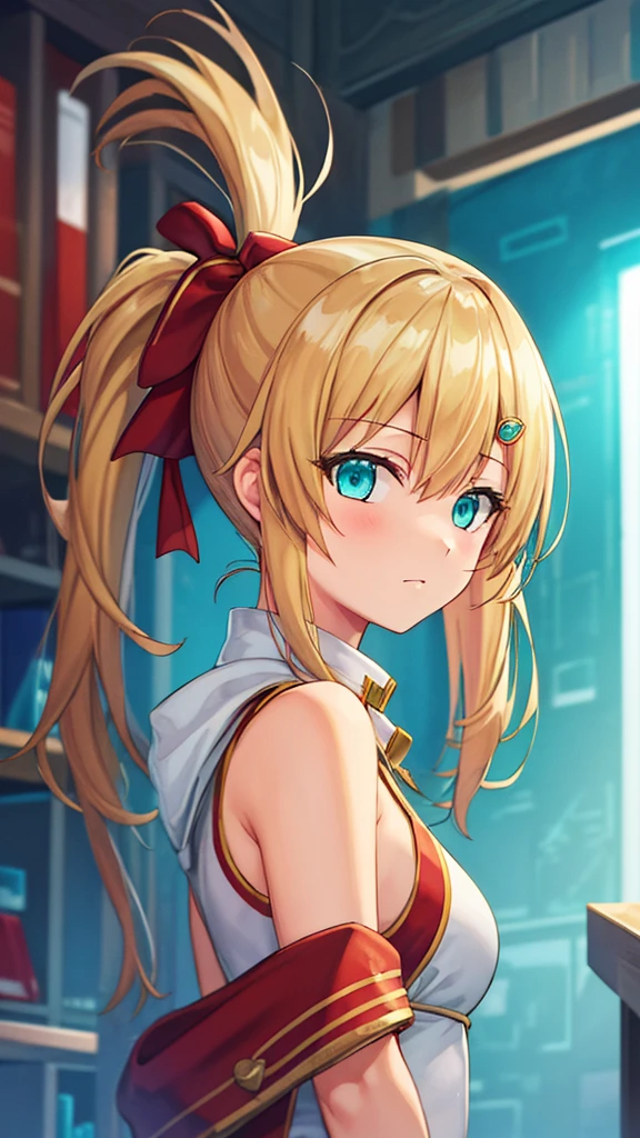 masterpiece, best quality, illustration, 1girl, solo, looking at viewer, upper body, depth of field, , , emma_brightness, blonde hair, aqua eyes, , bare shoulders, , side ponytail, pirate costume, science fiction hard science fiction,