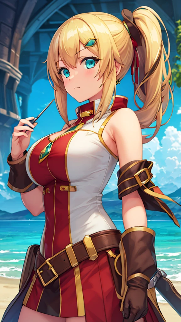 masterpiece, best quality, illustration, 1girl, solo, looking at viewer, upper body, depth of field, , , emma_brightness, blonde hair, aqua eyes, , bare shoulders, , side ponytail, pirate costume, science fiction hard science fiction,