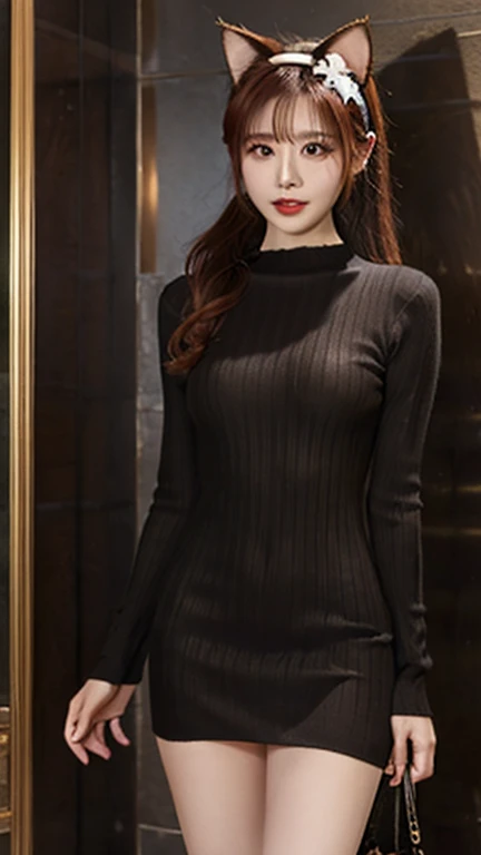 Tight knitted dresses、Black stockings、beauty legs、A slender、Women in Japan、a smile、high-level image quality、School Shorthair、23years old、Big eyes、Kamimei