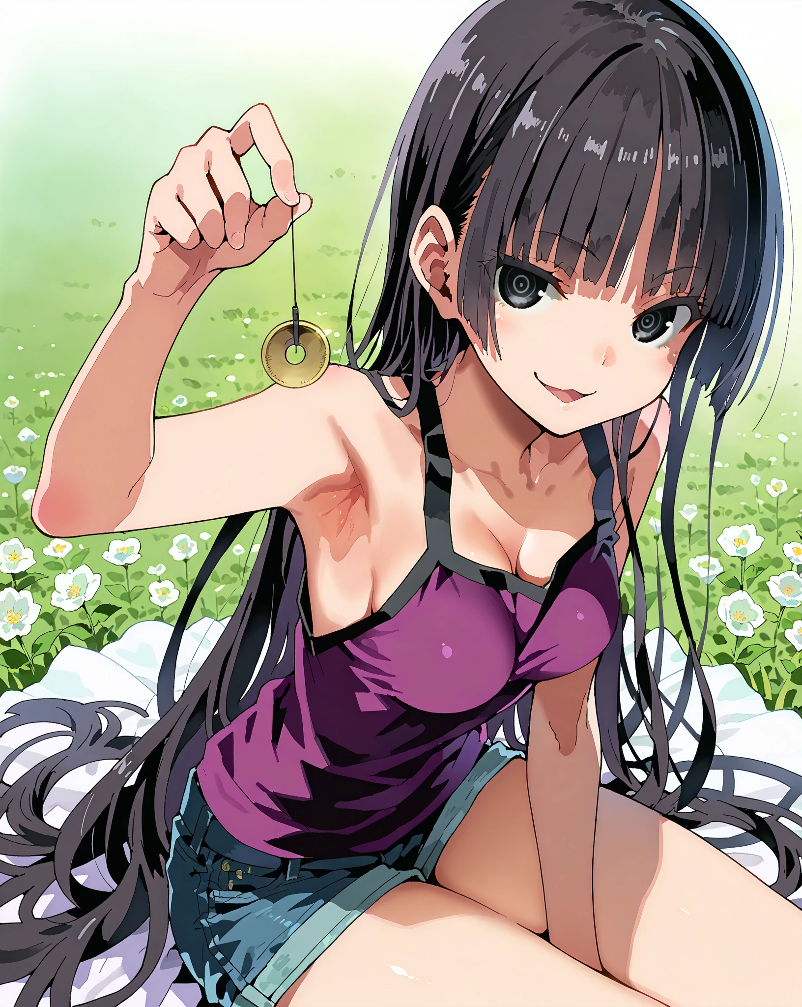 score_9, score_8_up, score_7_up, 1girl,solo, style asanagi, seduce,seductive, beautiful smile, smirk, breasts, medium breasts, in flower field, she is holding a pendulum in one hand \(hypnotist holding a pendulum\), ((holding pendulum)), holding string, perfect hands, one hand up, side view, turning side, armpit focus, open mouth, smirk, looking at viewer, sitting on grass, masterpiece, high quality, absurd resolution, beautiful hands, ringed eyes, sleeveless, denim shorts, kuro kagami, long hair, bangs, black hair, very long hair, blunt bangs, black eyes,