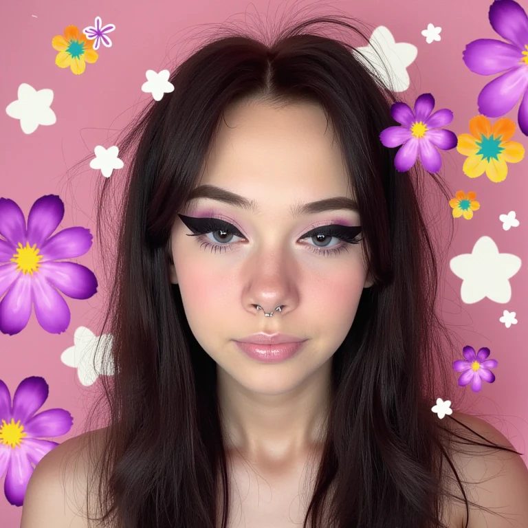 everyday style.   In the background, dark purple eyeshadow, featuring bold, and white pom-poms.  The boy, dramatic winged eyeliner and long, a photograph of haylee. The image is a photograph of a young woman with a fair complexion and long, winged eyeliner and mascara, multicolored flowers and geometric shapes in pink, with a few strands slightly blowing in the wind