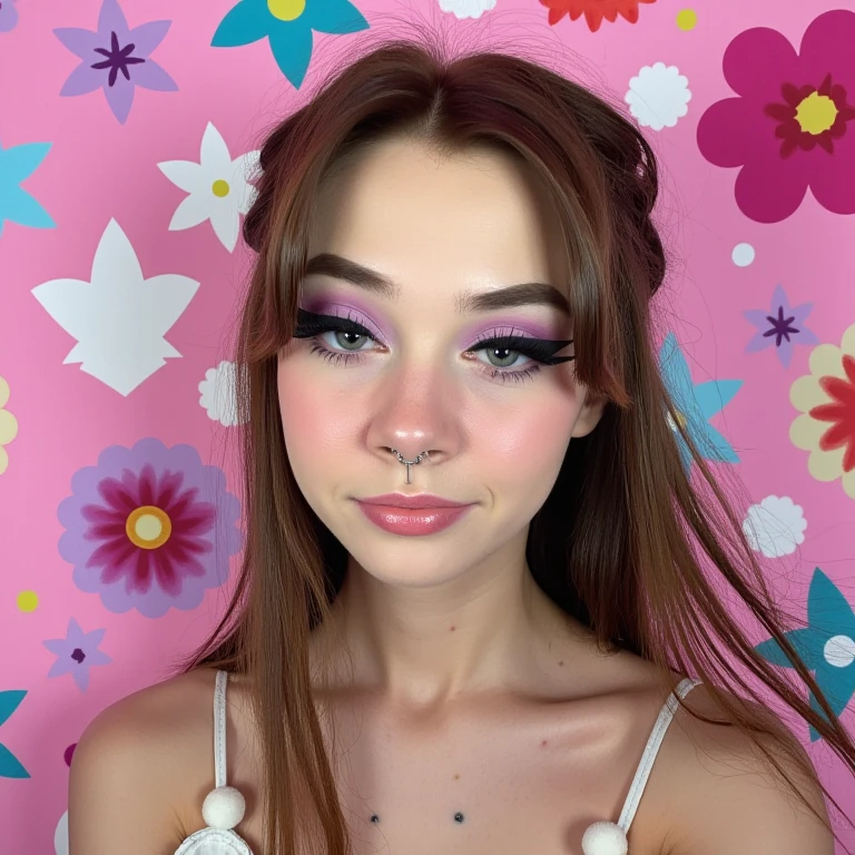 everyday style.   In the background, dark purple eyeshadow, featuring bold, and white pom-poms.  The boy, dramatic winged eyeliner and long, a photograph of haylee. The image is a photograph of a young woman with a fair complexion and long, winged eyeliner and mascara, multicolored flowers and geometric shapes in pink, with a few strands slightly blowing in the wind