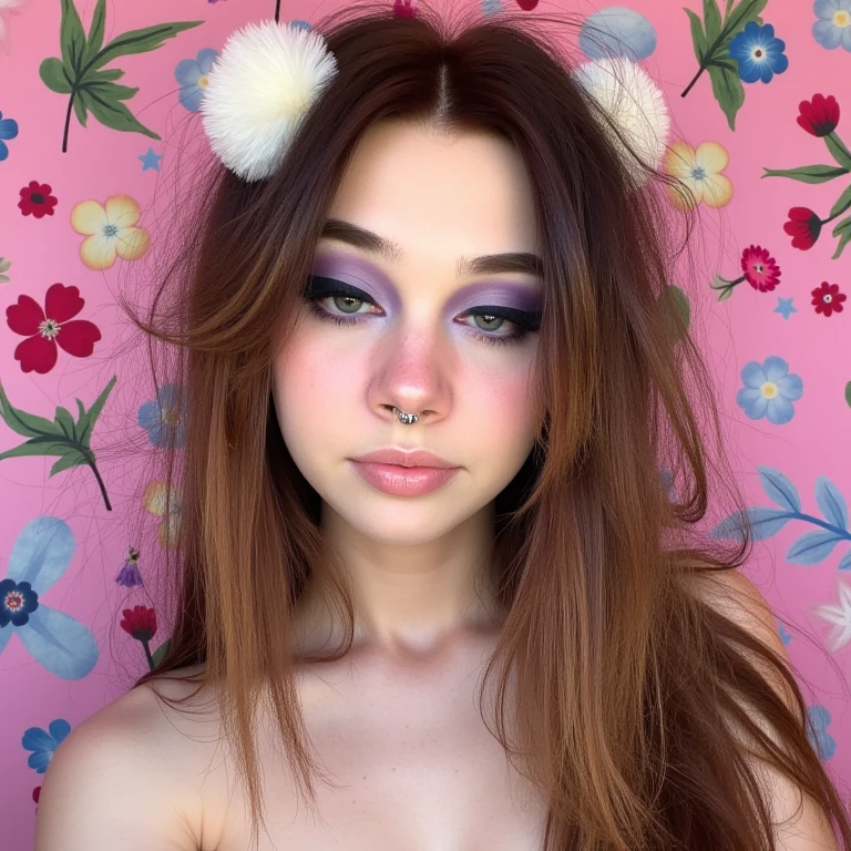 everyday style.   In the background, dark purple eyeshadow, featuring bold, and white pom-poms.  The boy, dramatic winged eyeliner and long, a photograph of haylee. The image is a photograph of a young woman with a fair complexion and long, winged eyeliner and mascara, multicolored flowers and geometric shapes in pink, with a few strands slightly blowing in the wind