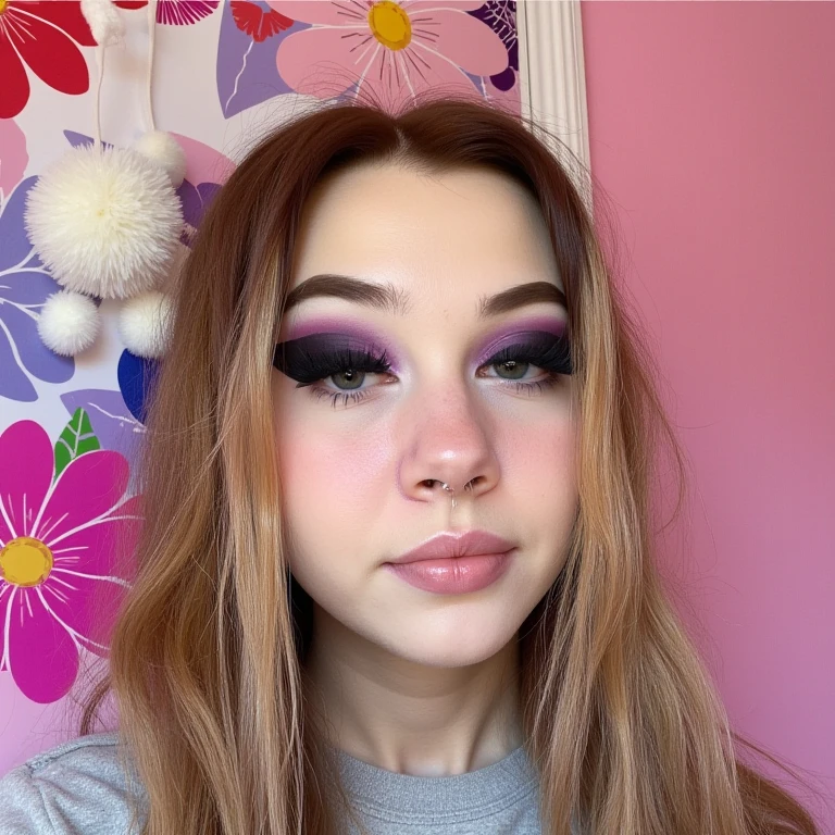 everyday style.   In the background, dark purple eyeshadow, featuring bold, and white pom-poms.  The boy, dramatic winged eyeliner and long, a photograph of haylee. The image is a photograph of a young woman with a fair complexion and long, winged eyeliner and mascara, multicolored flowers and geometric shapes in pink, with a few strands slightly blowing in the wind
