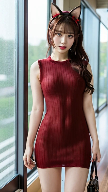 {{8K, wallpaper, with the best quality, Super detailed, masterpiece, realistic, realistic写真}}, {Highly detailed cute girl, 20-year-old}, {{(sleeveless turtleneck:(pink:See-through))} , {short rush) , {round eyes, Medium chest:nipple}, viewers watching, {{cowboy shot}} ,