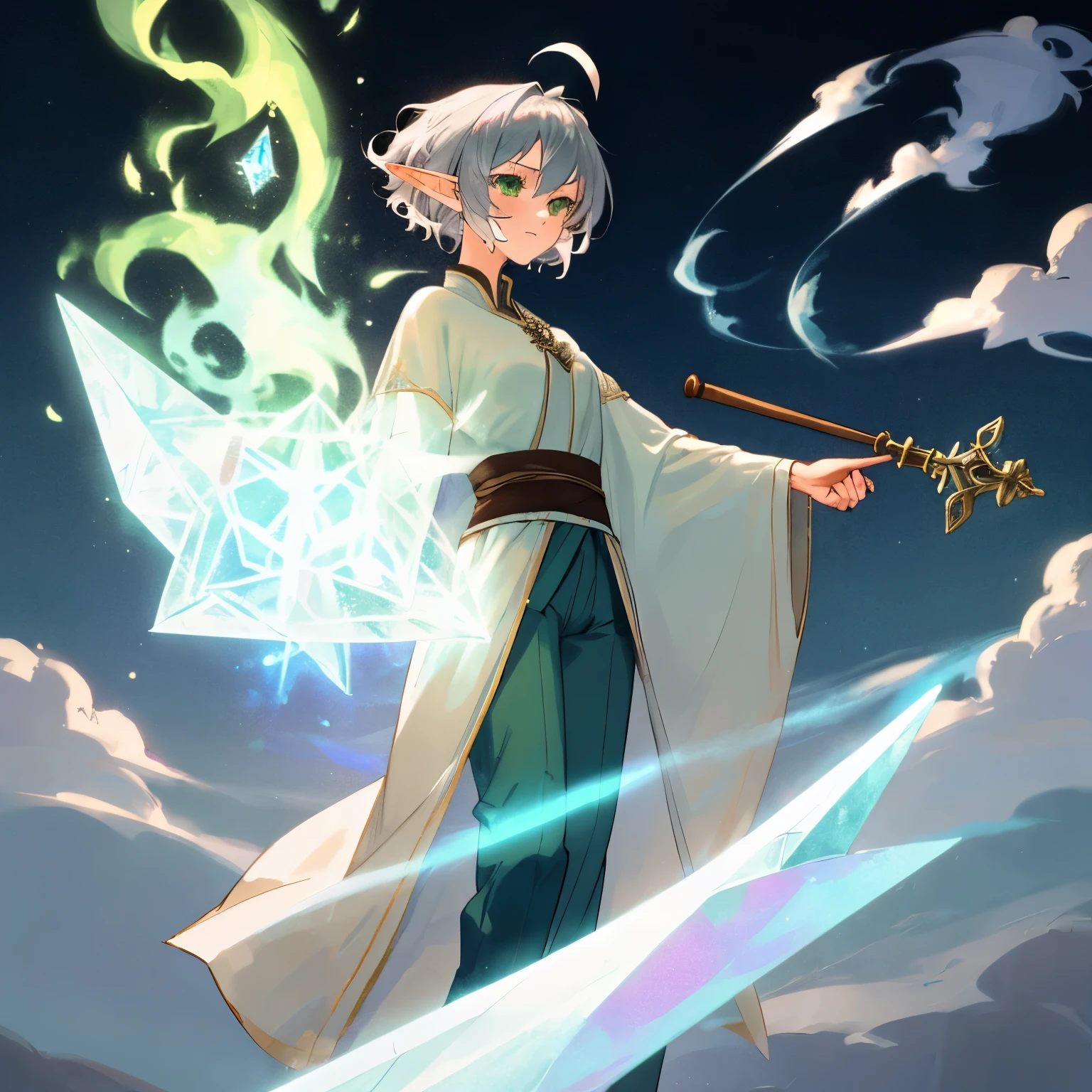 elf, female, silver hair, short hair, medium cut, ahoge, curly hair, green eyes,slender, flower patina wizard costume, pants, tale coat, fair skin, annoyance, with left hands ice Jewel wand, cool emotion, spell casting, chanting magic, glowing runes, wisps of smoke, ethereal glow, frosty illusions
