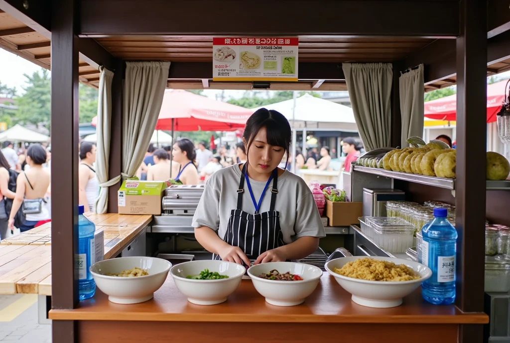 Highest quality, Masterpiece, ultra high definition, (realistic: 1.4), raw image, 1 woman,( small Street Food Stall traditional type, wooden roof, curtain, old food market, she sell ramen, coke, ice water, dumplings )