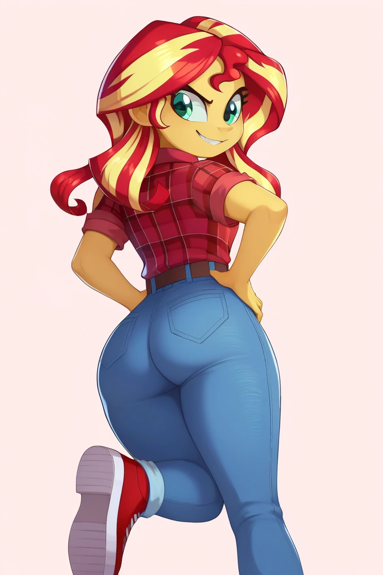 score_9, score_8_up, score_7_up BREAKSambaNekoStyle, sunset shimmer,pestil, painterly hair, sharp contrasts, ,Sunset shimmerEQG, red hair , green eyes, yellow skin, red flannel collared shirt, short sleeves, blue jeans, half body smile, hands on hips,  1girl, solo, red sneakers, bubble butt, ass, curves 