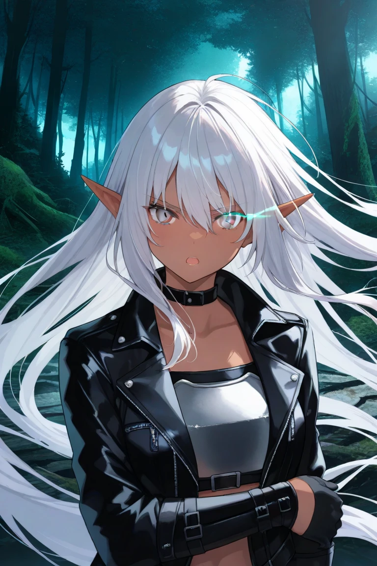 1girl, solo, dark elf,silver hair, absurdly long hair, floating hair, gray eyes, dark skin, pointy ears,leather jacket, arm guards, chest protector,serious, open mouth, energy, eye trail,dynamic pose, looking at viewer, upper body, face focus,
outdoors, forest, ruins, architecture,detailed background, atmospheric perspective, (scenery, volumetric lighting),
masterpiece, best quality, very aesthetic, absurdres, 4k, 8k, Ultra HD, detailed hand,