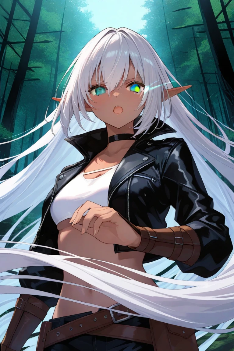 1girl, solo, dark elf,silver hair, absurdly long hair, floating hair, gray eyes, dark skin, pointy ears,leather jacket, arm guards, chest protector,serious, open mouth, energy, eye trail,dynamic pose, looking at viewer, upper body, face focus,
outdoors, forest, ruins, architecture,detailed background, atmospheric perspective, (scenery, volumetric lighting),
masterpiece, best quality, very aesthetic, absurdres, 4k, 8k, Ultra HD, detailed hand,