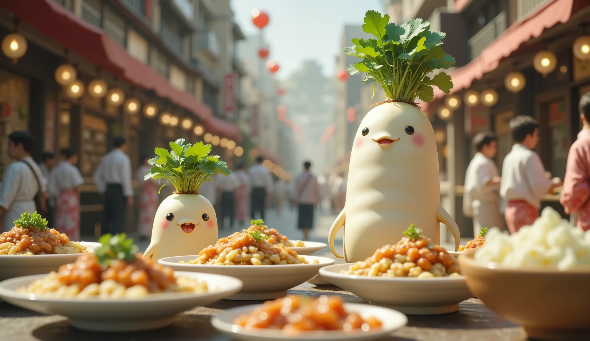 busy new year food street,a lot of food,Diverse, brightly colored, ultra detail ,( top quality,4K,8k, high definition,masterpiece:1.2),2 Japanese white radish characters/(it has leaves),one(little, cute,like a ),one(big,tall,like a mother),they eat something,there is so many human people/(wearing kimono)