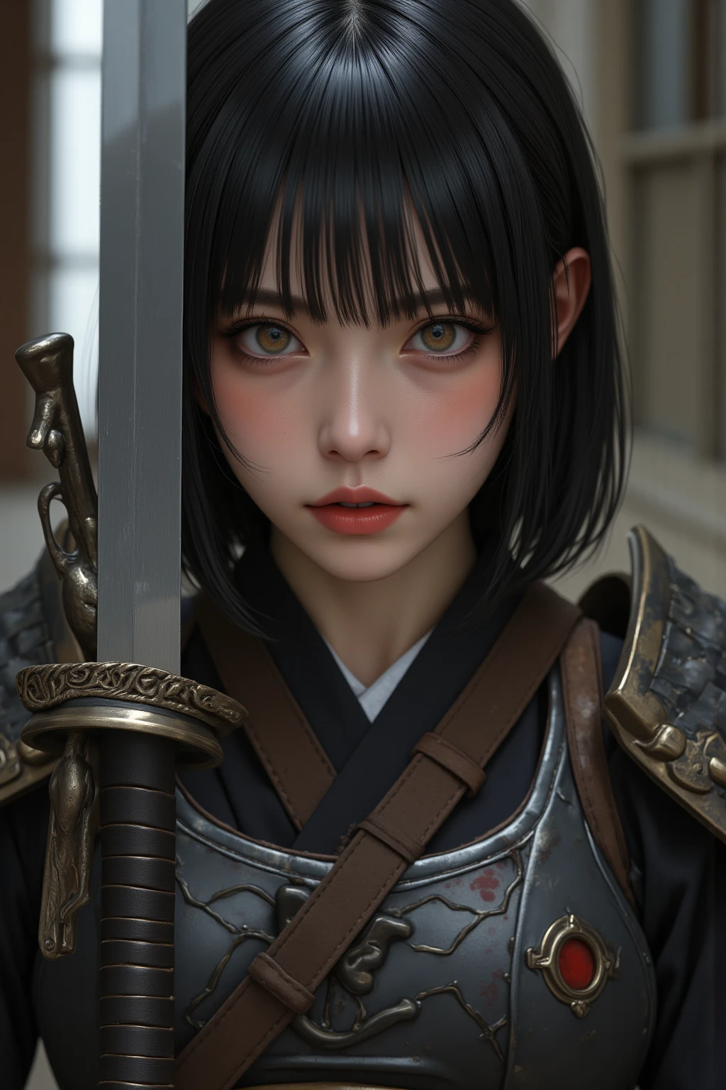 (8k,  Top Quality , masterpiece:1.2), ( realistic due diligence:1.4),  RAW photo,  Top Quality ,  ultra high definition ,  best shadows, (Full body:1.4),  short-haired woman with penis inserted, Japanese armor,  Samurai sword ,  massive overwhelming environment , horror, dark horror,  highly detailed facial features,  beautiful perfect face , Perfect eyes