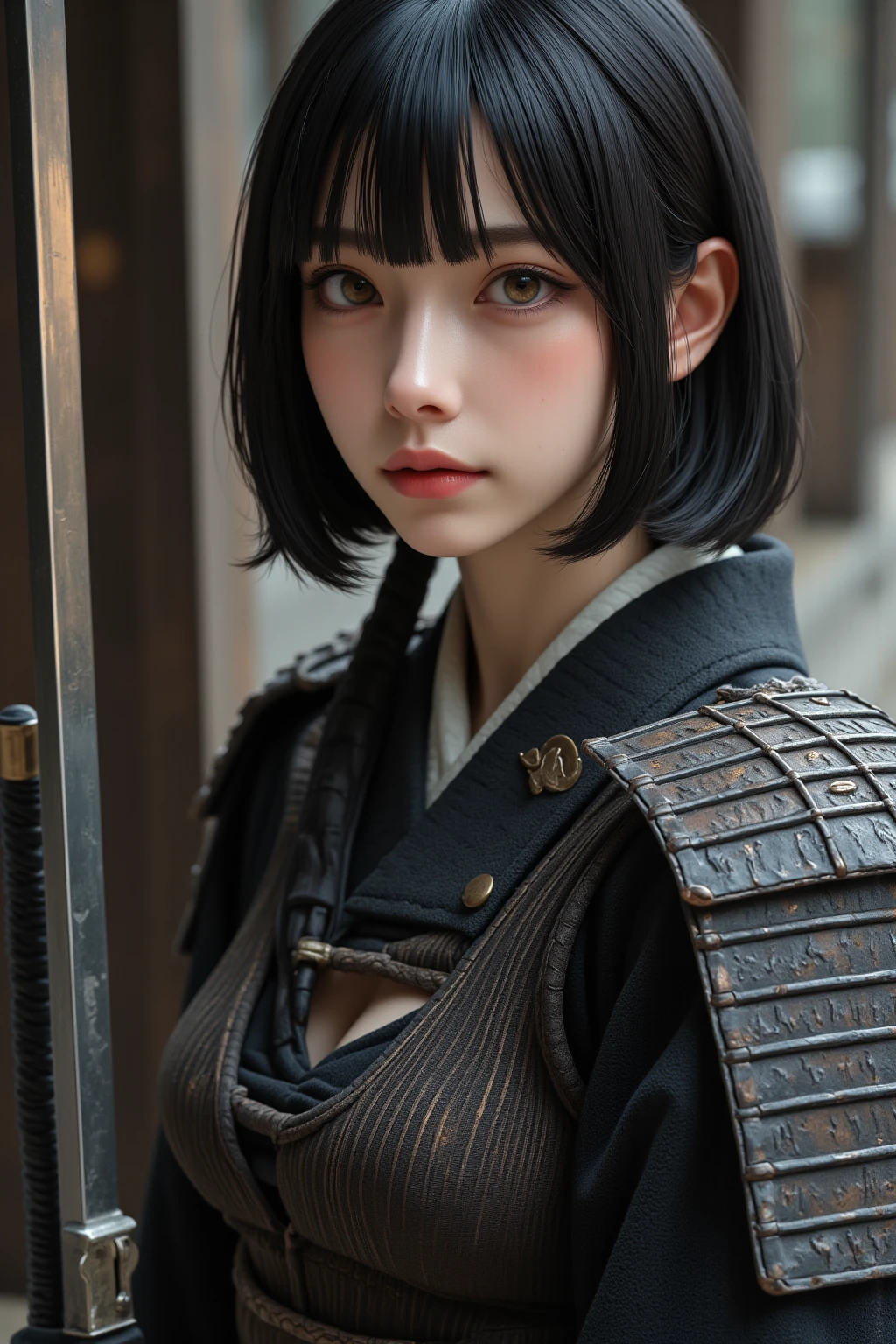 (8k,  Top Quality , masterpiece:1.2), ( realistic due diligence:1.4),  RAW photo,  Top Quality ,  ultra high definition ,  best shadows, (Full body:1.4),  short-haired woman with penis inserted, Japanese armor,  Samurai sword ,  massive overwhelming environment , horror, dark horror,  highly detailed facial features,  beautiful perfect face , Perfect eyes