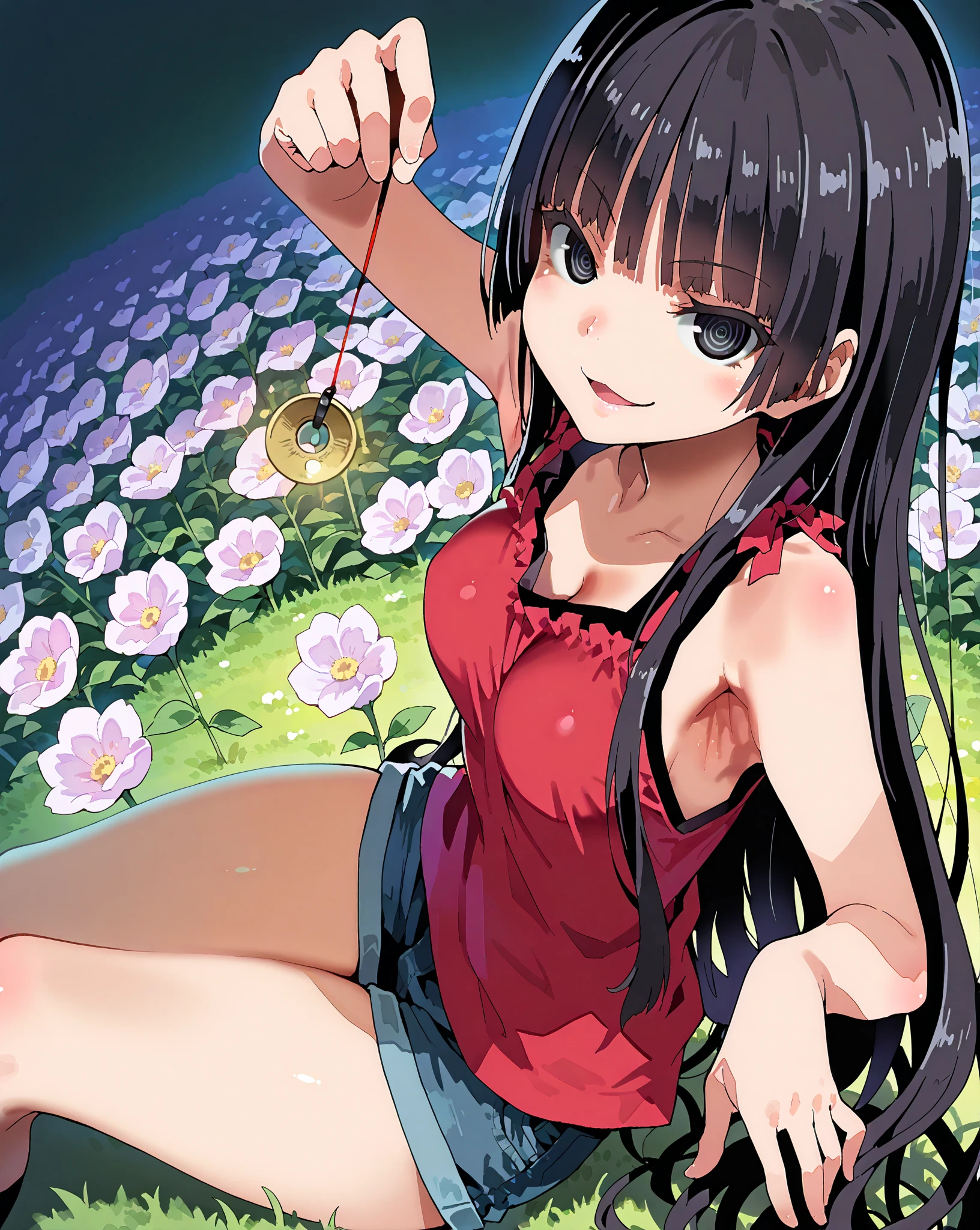 score_9, score_8_up, score_7_up, 1girl,solo, style asanagi, seduce,seductive, beautiful smile, smirk, breasts, medium breasts, in flower field, she is holding a pendulum in one hand \(hypnotist holding a pendulum\), ((holding pendulum)), holding string, perfect hands, one hand up, side view, turning side, armpit focus, open mouth, smirk, looking at viewer, sitting on grass, masterpiece, high quality, absurd resolution, beautiful hands, ringed eyes, sleeveless, denim shorts, kuro kagami, long hair, bangs, black hair, very long hair, blunt bangs, black eyes,