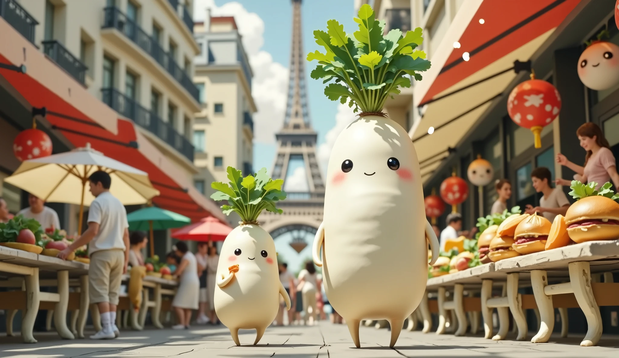 in paris,busy new year food street,a lot of food,Diverse, brightly colored, ultra detail ,( top quality,4K,8k, high definition,masterpiece:1.2),2 Japanese white radish characters/(it has leaves),one(little, cute,like a ),one(big,tall,like a mother),they eat something,background/([ Eiffel Tower])