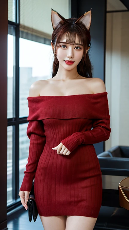Pale skin, dark brown eyes, long red hair, big chest, black sweater dress