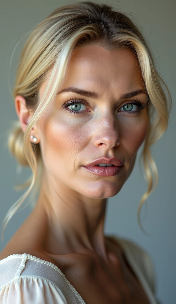 Hyper realistic frontal image, photograph taken by a professional of actress Connie Nielsen, blond hair, textured hair and skin, sparkling look, clear face, muscular body, large round breasts, glowing skin, perfect lighting, Full body