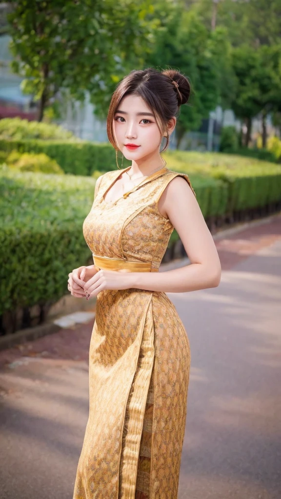 1 girl, hair bun, beautiful girl, mmTD burmese patterned traditional dress, yellow dress, outdoor, perfect light, masterpiece, best quality, ultra detailed, cinematic feels, looking at the viewer, 8k, RAW photo, realistic, photo realistic, intricately detailed, UHD, full HD, ultra resolution