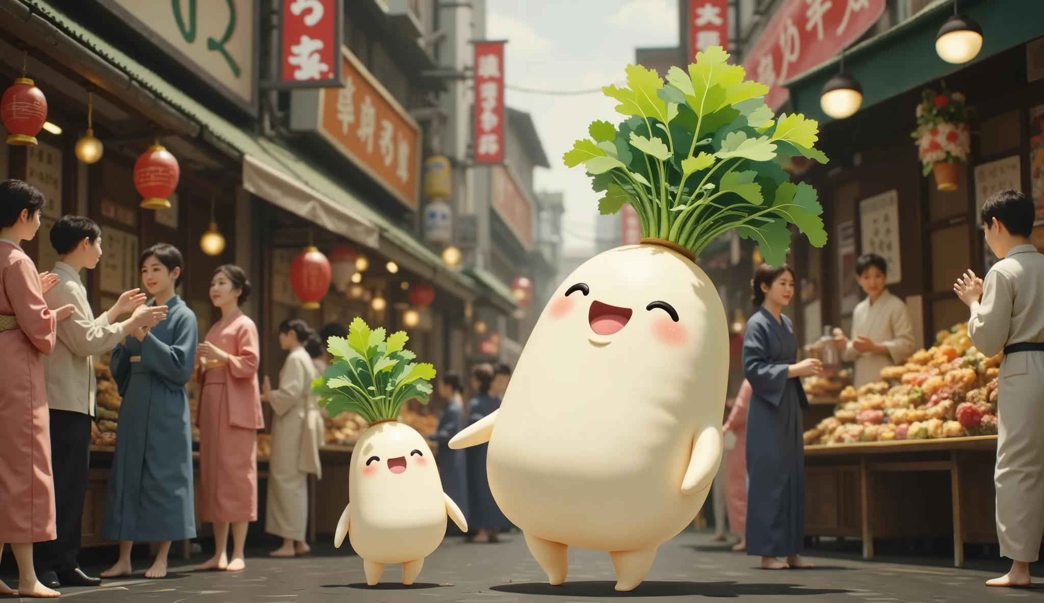 busy new year food street,a lot of food,Diverse, brightly colored, ultra detail ,( top quality,4K,8k, high definition,masterpiece:1.2),2 Japanese white radish characters/(it has leaves),one(little, cute,like a ),one(big,tall,like a mother),they are so happy,joyful,there is so many human people/(wearing kimono)