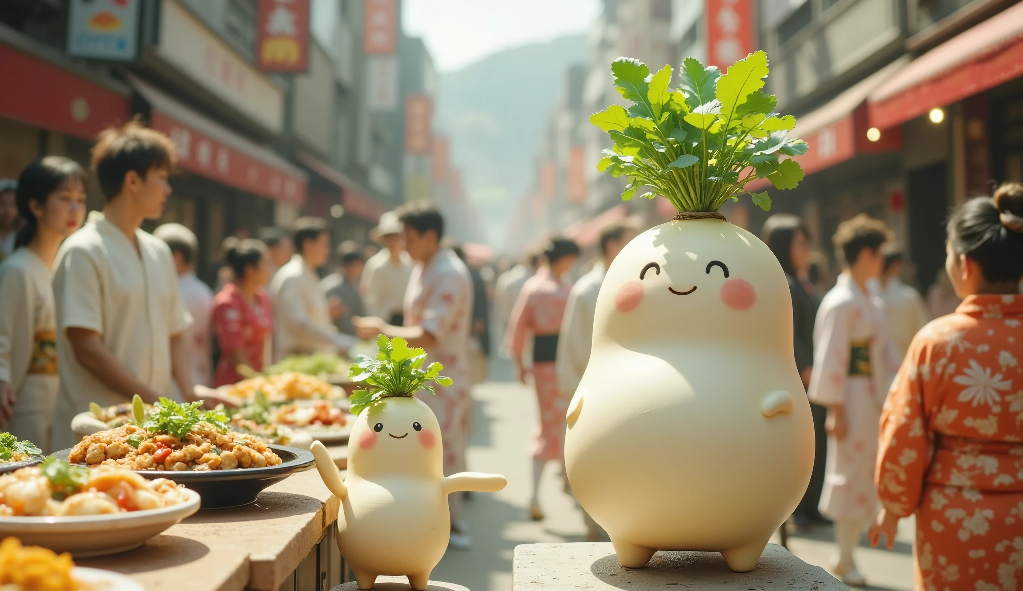 busy new year food street,a lot of food,Diverse, brightly colored, ultra detail ,( top quality,4K,8k, high definition,masterpiece:1.2),2 Japanese white radish characters/(it has leaves),one(little, cute,like a ),one(big,tall,like a mother),they eat something,there is so many human people/(wearing kimono)