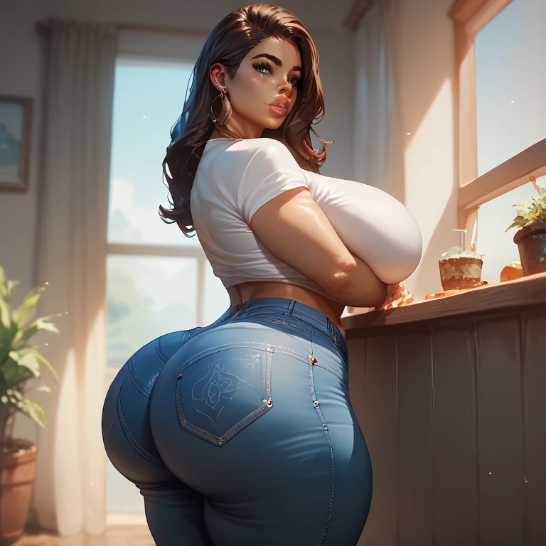 1 woman,black,latina,long brown hair,blue eyes,plump lips,hourglass figure,big breasts, massive bubble ass, thick thighs, voluptuous, breast hugging t-shirt, tight stretched jeans