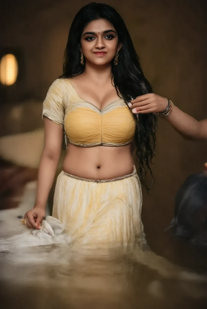 (masterpiece, best quality:1.2), 1girl, solo, dusky (showing her navel), bare shoulders,sexiest lehenga, breasts,cleavage, sexy long waist, brown hair, cleavage, jewelry, large breasts, lips, lipstick, photorealistic, detailed facial features, ethereal lighting, dramatic shadows, vibrant colors, cinematic composition,sexy hip amd waist,no piercing, fleshy navel, looking at viewer