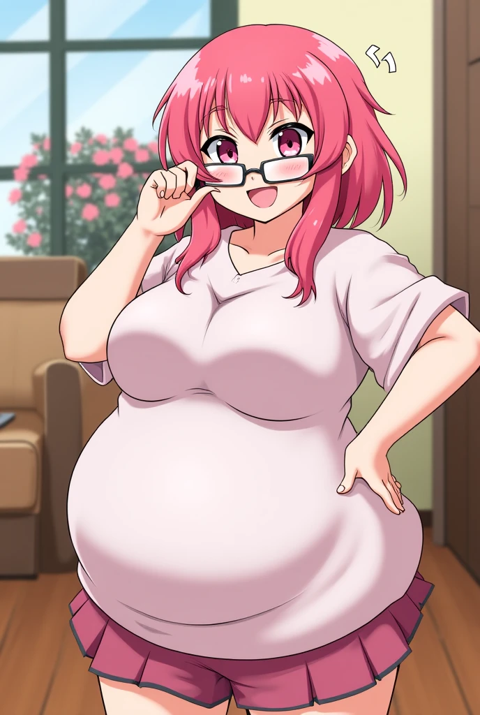 (Belly inflation:1.1)Flat chest, very small breasts, solo, 1girl, glasses, long fluffy pink hair, skinny, white t-shirt, pink fluffy sweatpants, slight smile, crop top, pajamas, navel exposed, pajama pants, half lid eyes, seductive