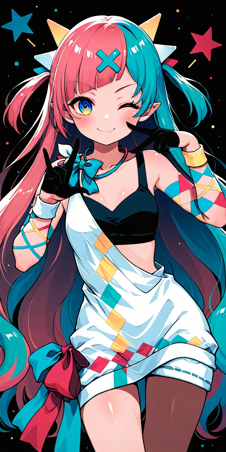 1girl\((Pinky Pop Hepburn\(vtuber\)), dynamic pose,smile,cute,wink,cute hand sign, white short asymmetry dress, (black finger cover),blue ribbon tie,black sport-bra\),minimalist,vivid color, pop art,masterpiece, best quality